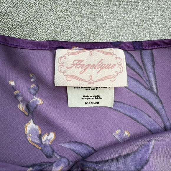 Vintage Angelique Lingerie Purple Floral Strap Polyester Mini Short Slip Dress M - Picture 9 of 9